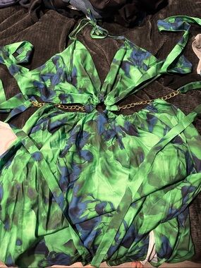 Zara Green and Blue Floral Backless Maxi Dress with Chain